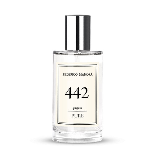 PURE COLLECTION PARFUM FOR HER FM 442 bottle with warm, spicy fragrance notes of rose, coffee, vanilla, and cedarwood.