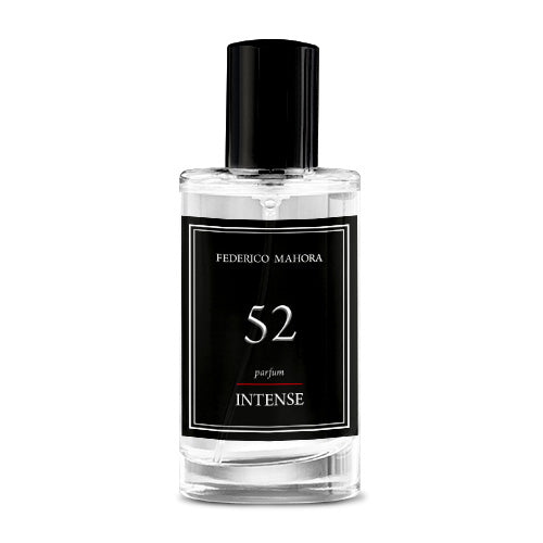 INTENSE COLLECTION FOR HIM FM 52 parfum bottle with black label and cap, 150g weight.