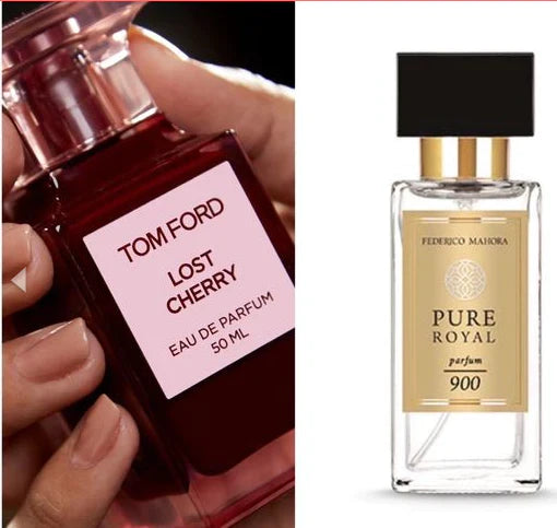 FM 900 Parfum Unisex Pure Royal Collection - elegant bottle next to Tom Ford Lost Cherry.