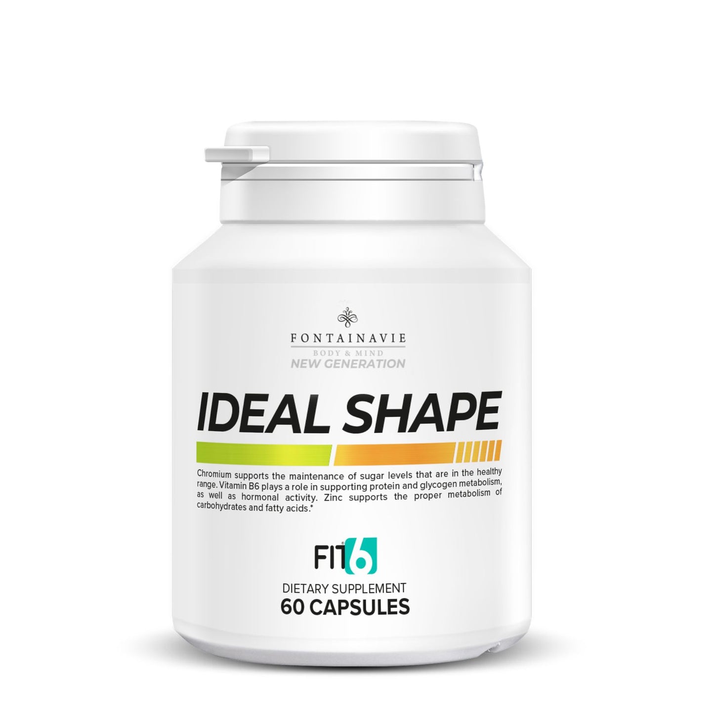 IDEAL SHAPE NEW GENERATION FONTAINAVIE supplement bottle featuring chromium, Ceylon cinnamon, vitamin B6, L-carnitine, zinc, 60 capsules.