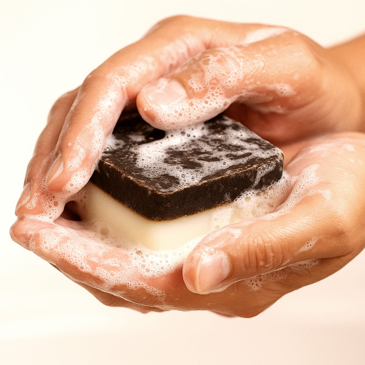 Hands holding a foaming lavender exfoliating soap bar made with upcycled coffee grounds and natural oils.