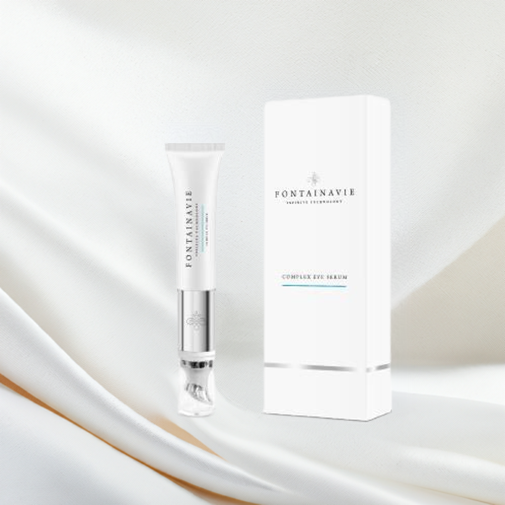 Fontainavie Complex Eye Serum with packaging, designed to moisturize and reduce dark circles.