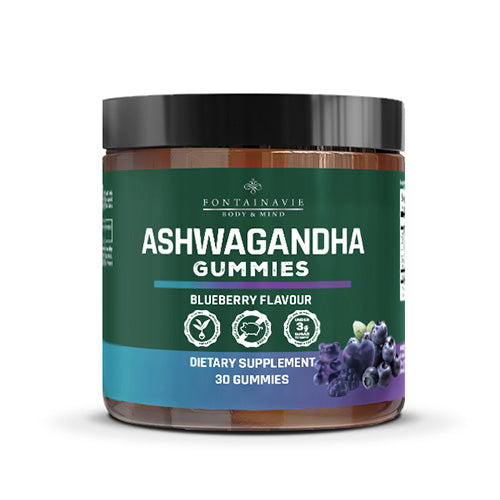 Ashwagandha Gummies FONTAINAVIE BODY & MIND blueberry flavor supplement jar with 30 gummies.