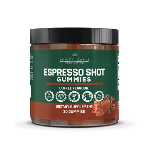 Coffee-flavored Espresso Shot Gummies by FONTAINAVIE BODY & MIND, vegan dietary supplement for energy boost, 30 gummies.