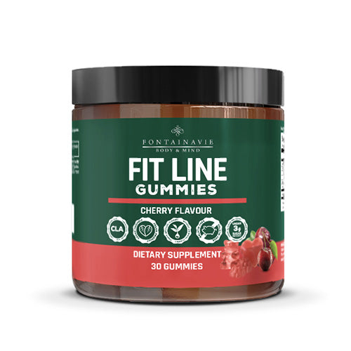 Fit Line Gummies FONTAINAVIE BODY & MIND cherry flavor jar, containing 30 dietary supplement gummies with biotin and CLA.
