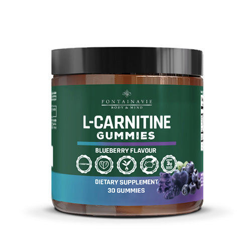 L-Carnitine Kick Gummies by FONTAINAVIE, blueberry flavor dietary supplement, 30 gummies.