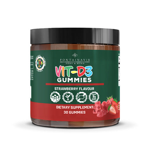 D3-VIT Gummies FONTAINAVIE BODY & MIND jar, strawberry flavored dietary supplement, 30 gummies.
