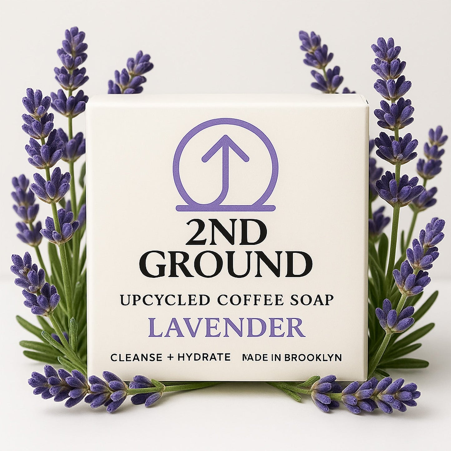 2nd Ground Lavender upcycled coffee soap with natural lavender oils and plastic-free packaging surrounded by fresh lavender flowers