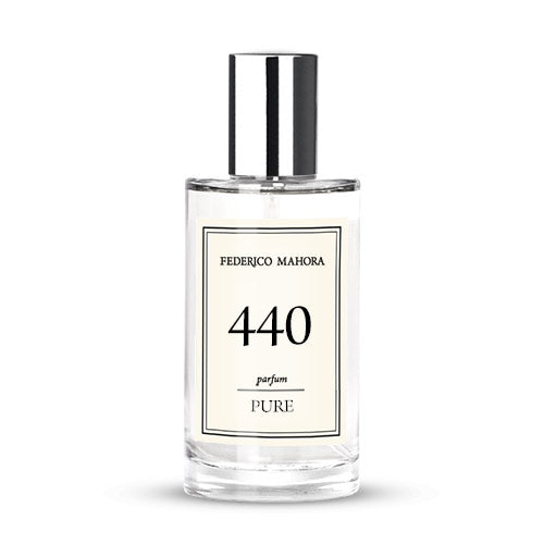 PURE COLLECTION PARFUM FOR HER FM 440 50ml bottle with fragrance notes of blackcurrant, iris, and vanilla.