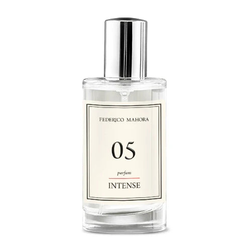 INTENSE COLLECTION FOR HER FM 05 perfume bottle with fragrance notes of freesia, gardenia, and vanilla.