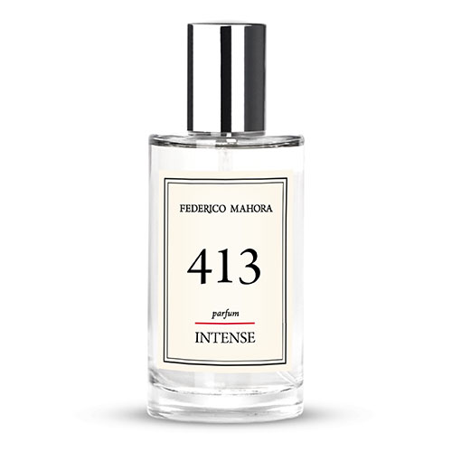 INTENSE COLLECTION FOR HER FM 413 parfum bottle, very sweet fragrance with blackcurrant, pear, and vanilla notes.