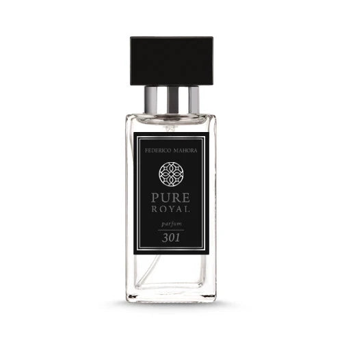 PURE ROYAL FOR HIM 301 50 ml parfum bottle with an energetic, powerful fragrance featuring mandarin, lemon, cedarwood, coriander, ambergris, and labdanum notes.
