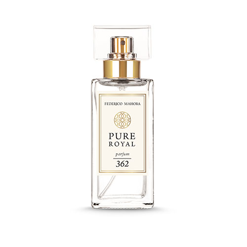 Perfume bottle of PURE ROYAL FOR HER 362, 50 ML fragrance with notes of blackcurrant, rose, and patchouli.