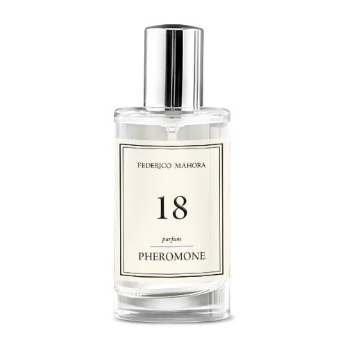 Pheromone Collection Parfum For Her Fm18 bottle with notes of orange, rose, and vanilla.