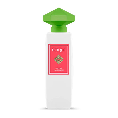 UTIQUE FLAMINGO 100 ML luxury fragrance bottle with a green cap and elegant packaging.