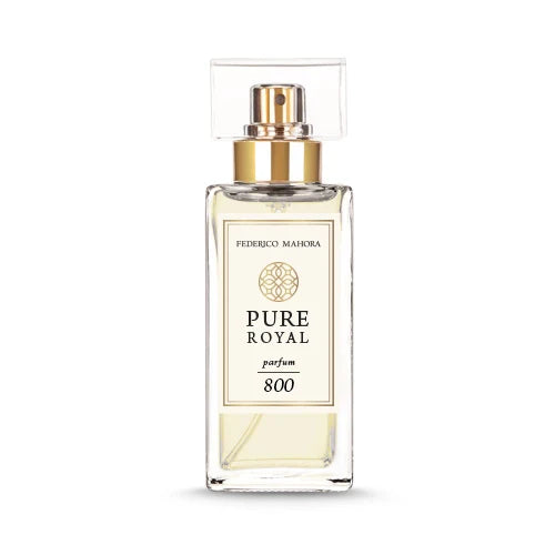 FM 800 PARFUM FEMME - Pure Royal Collection 50ml perfume bottle with fragrance notes of mandarin, jasmine, and sandalwood.