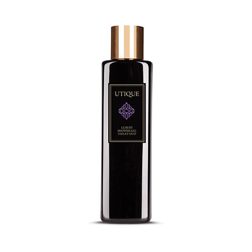 Utique Luxury Shower Gel Violet Oud in elegant black bottle with gold cap.