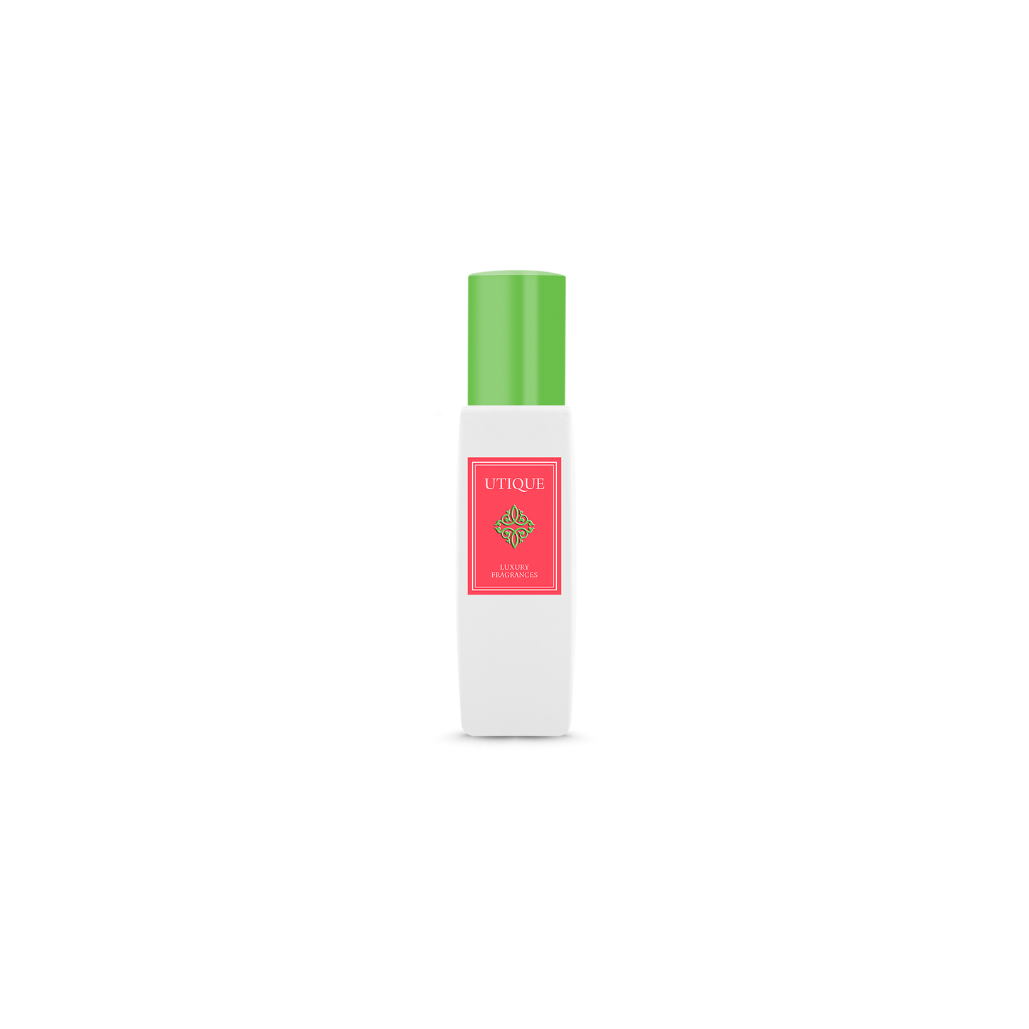 Utique Flamingo Luxury Fragrances 15 ml bottle with green cap.