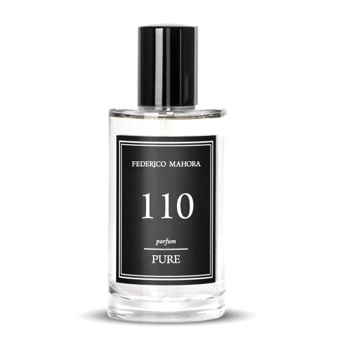 PURE COLLECTION PARFUM FOR HIM FM 110 bottle with black label and cap, featuring notes of lavender, bergamot, and musk.