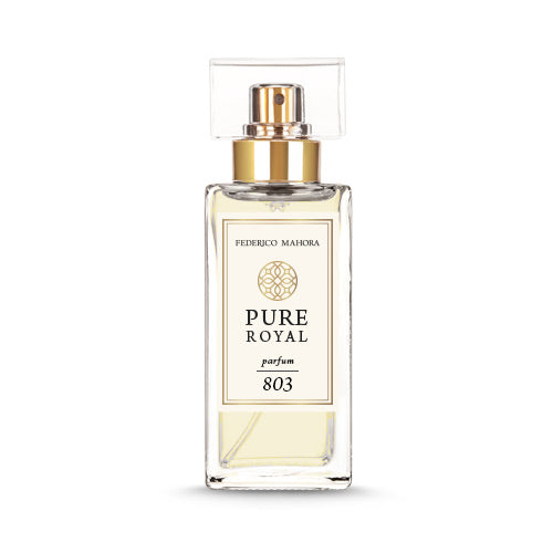 PURE ROYAL FOR HER 803 perfume bottle, 50 ml, sensual fragrance with notes of orange, honey, peach, gardenia, and vanilla.
