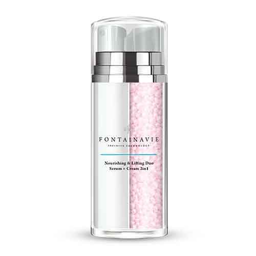 Nourishing & Lifting Duo 2in1 Serum + Cream FONTAINAVIE with vitamin E and anti-aging ingredients in a sleek, elegant bottle.