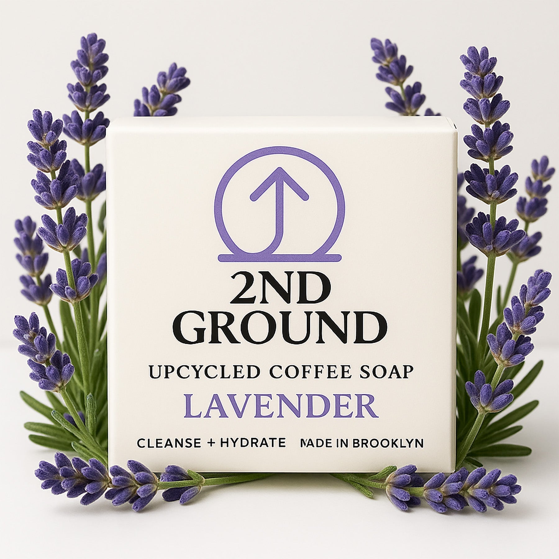 2nd Ground Lavender upcycled coffee soap with natural lavender oils and plastic-free packaging surrounded by fresh lavender flowers