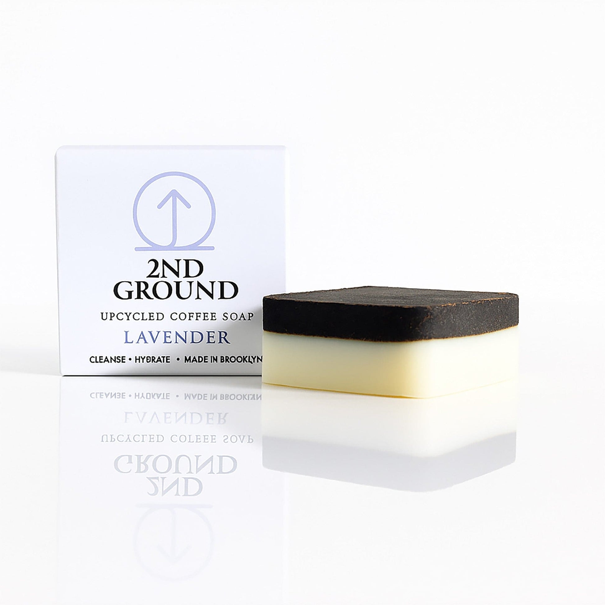 Lavender exfoliating soap bar with upcycled coffee grounds and natural oils, packaged in eco-friendly box from 2nd Ground.