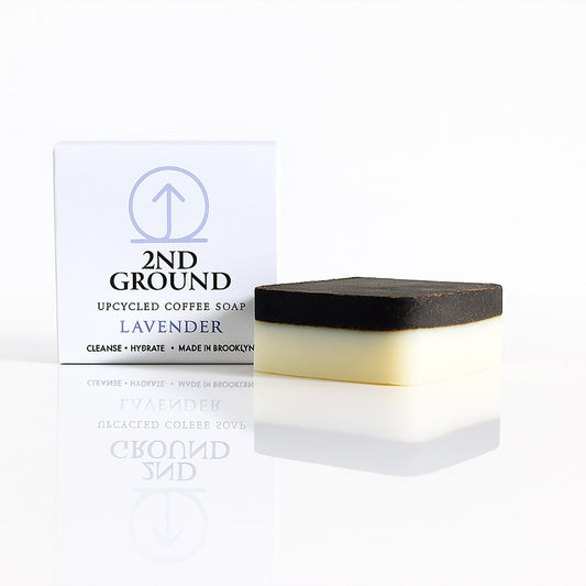 Lavender exfoliating soap bar with upcycled coffee grounds and natural oils, packaged in eco-friendly box from 2nd Ground.